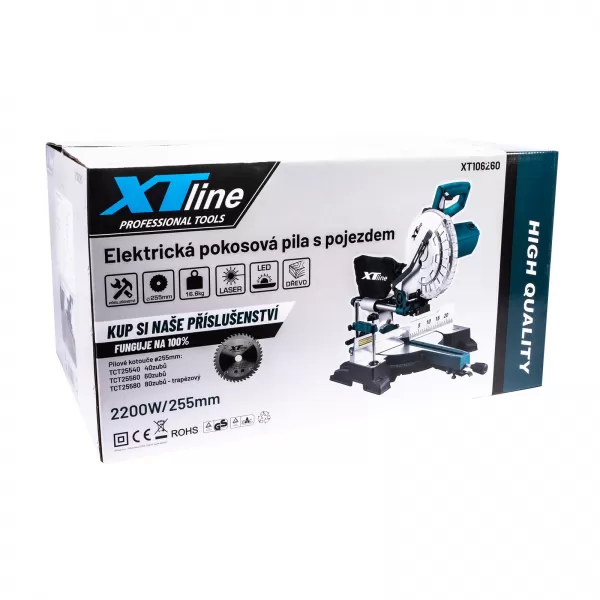XT Pokosová pila s pojezdem a laserem 255mm, 2200W