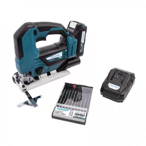 XT Aku přímočará pila bezuhlíková 18 V + baterie 2.0 Ah + nabíječka 2.4 A + pilové plátky + box