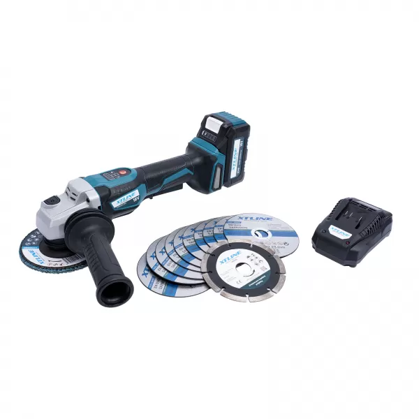 XT Aku úhlová bruska bezuhl.s regul.18V, 125mm + baterie 5.0Ah +kotouče+ nabíječka 3.5A + box