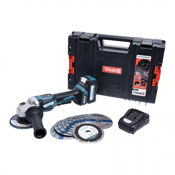 XT Aku úhlová bruska bezuhl.s regul.18V, 125mm + baterie 5.0Ah +kotouče+ nabíječka 3.5A + box